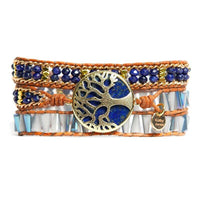 Bracelet Cuir Enroulé 3 Brins Arbre de Vie en Lapis Lazuli