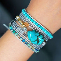 Bracelet Cuir Enroulé 5 Brins en Turquoise, Jaspe et Cristal