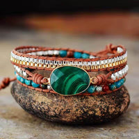 Bracelet Cuir Enroulé 3 Brins en Malachite