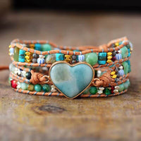 Bracelet Cuir Enroulé 3 Brins en Forme de Cœur en Amazonite, Onyx et Jaspe