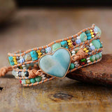 Bracelet Cuir Enroulé 3 Brins en Forme de Cœur en Amazonite, Onyx et Jaspe