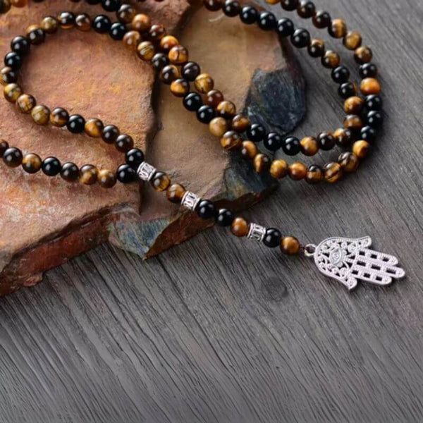 Collier Homme Khmissa en Œil de Tigre et Onyx